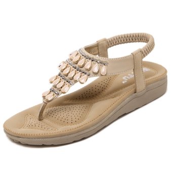 YOCHO New Fashion Lady Classic Causal Beach Flat Sandals With High Quality Leather And Crystal Gemstone(Apricot) - Intl  