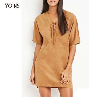 YOINS Apparel Summer Faux Leather Suede Bandage Dress Half Sleeve V-neck Lace-up Loose Causal Women Vestidos Long Shirt Top  