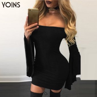 YOINS New Black Off Shoulder Bodycon Dress With Flared Sleeves - intl  