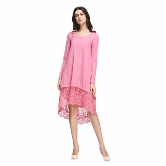 ZAFUL Long Sleeve Round Collar Lace Spliced High-low Hem Dress For Women(Pink) - intl  