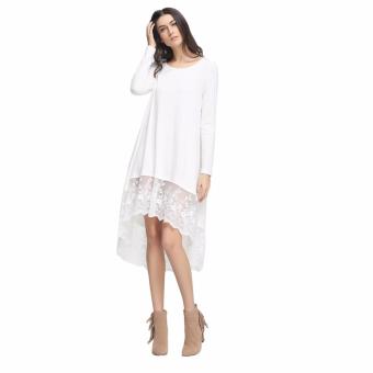 ZAFUL Long Sleeve Round Collar Lace Spliced High-low Hem Dress For Women(White) - intl  