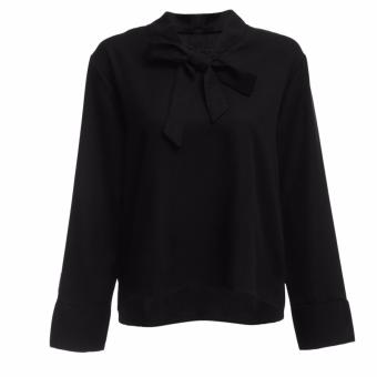 ZAFUL Stylish Bow Tie Collar Long Sleeve Pure Color Women Blouse(Black) - intl  