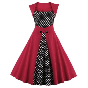 Zaful Vintage A-Line Sleeveless Dress Button Square Collar Dress (Red) - intl  
