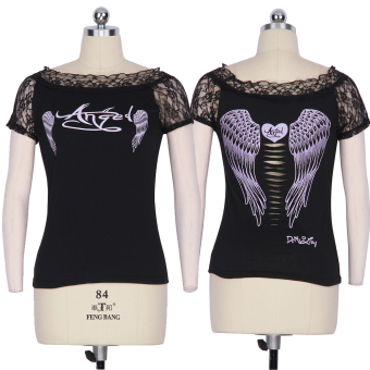 Zaful Woman Hollow Lace Sleeve Wing Printing T-Shirt (Black)--TC  