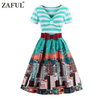 Zaful Women Fashion Vintage Printing Dress Retro Style Defined Waist (Blue) - intl  