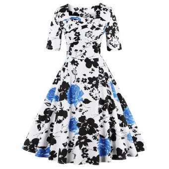 Zaful Women Floral Print A-Line Dress Vintage Sweetheart Neckline Ruffles Design ?Blue? - intl  