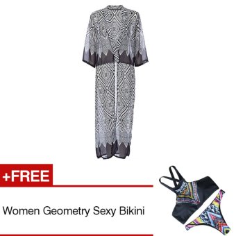 ZAFUL Women Geometrical Maxi Cardigan Trendy Collarless 3/4 Sleeve (Black) [Buy 1 Get 1 Freebie] - intl  