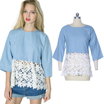 ZAFUL Women Lace Stitchig Shirt Striped Print Design (Light Blue)--TC - intl  