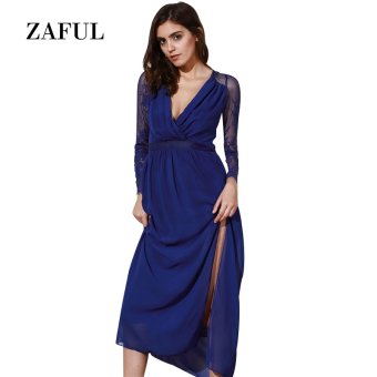 Zaful Women V-neck Chiffon Lace Floor Length Dress (Dark Blue) - intl  