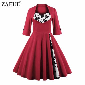 Zaful Women Vintage 3/5 Length Sleeve Dress Hepburn Style Ball Gown(Red 01#) - intl  