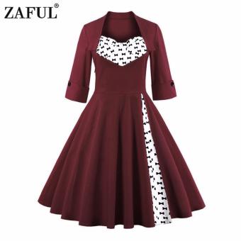 Zaful Women Vintage 3/8 Length Sleeve Dress Hepburn Style Ball Gown(Wine Red 02#) - intl  