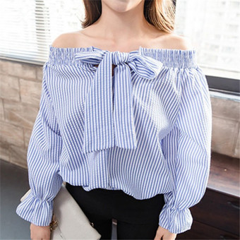 Zanzea 2016 Newest Off The Shoulder Sexy Tops Summer Womens Slash Neck With Bow Vertical Stripe d Blue Crop Blouse Plus Size Blusas Light Blue (Intl)  