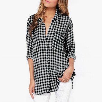 Zanzea 2016 Women Autumn Casual Plaid Shirts Ladies Turn-down Collar Long Sleeve Loose Blouse Top Plus Size 4XL Blusas Black - intl  