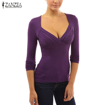 ZANZEA Autumn Sexy Womens Deep V Neck Shirts Slim Fit Tops Solid Color Fashion Long Sleeve Blusas Femininas Plus Size S-3XL (Purple) - intl  