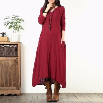 ZANZEA Autumn Women Casual Dress Vintage V Neck Full Sleeve Asymmetrical Hem Loose Solid Long Maxi Dress Vestidos Plus Size - intl  