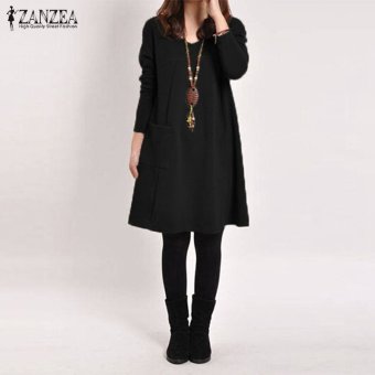 ZANZEA Autumn Women Mini Dress Casual Loose Solid Pockets Female Long Sleeve V-Neck Vestidos Femininas Plus Size Dresses 5 Colors (Black) - intl  