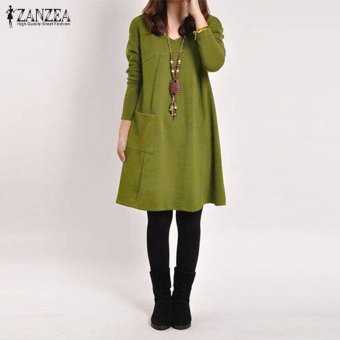 ZANZEA Autumn Women Mini Dress Casual Loose Solid Pockets Female Long Sleeve V-Neck Vestidos Femininas Plus Size Dresses 5 Colors (Green) - intl  