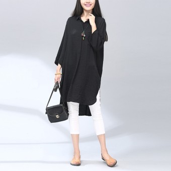 ZANZEA Fashion 2016 Womens Cotton Shirts Casual Loose 3/4 Sleeve Shirts Side Split Asymmetrical Hem Long Tops Plus Size S-5XL Black (Intl)  