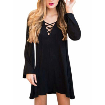 ZANZEA Fashion Summer Plus Size Vestidos 2016 Women Oversized Loose Long Sleeve Casual Dress Tops Ladies Sexy V-neck Hollow Mini Solid Dress - Intl  