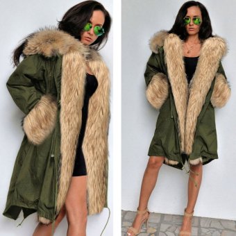 ZANZEA Fashion Women Winter Warm Fuax Fur Collar Hoodies Long Jacket Outwear Parka Coat (Army Green 1) - intl  