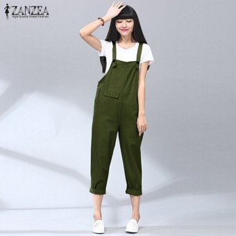 ZANZEA High Street Elegant Cotton Bib Pants Rompers Casual Jumpsuits Autumn Womens Vintage Plus Size S-5XL Overalls (Army Green) - intl  