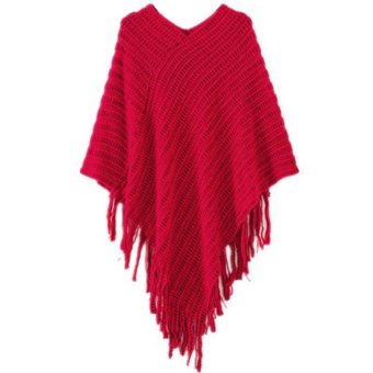 Zanzea Ladies Fashion Loose BWoman Batwing V-NECK Irregular Stripes Fringed Stitching Poncho Shawl Cape Sweater Red  