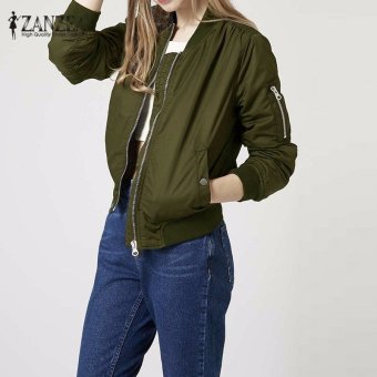 ZANZEA Long Sleeve Slim Jackets Women Autumn Winter Vintage Stand Collar Celeb Bomber Coats Casual Solid Outwear Plus Size?Army Green? - intl  