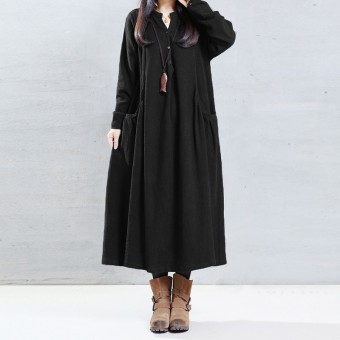 ZANZEA New Women Vintage Loose Dresses Female Long Sleeve V Neck Button Pockets Autumn Winter Femininas Vestidos Plus Size Black - intl  