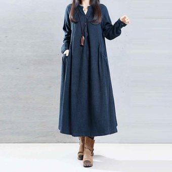 ZANZEA New Women Vintage Loose Dresses Female Long Sleeve V Neck Button Pockets Autumn Winter Femininas Vestidos Plus Size Blue - intl  