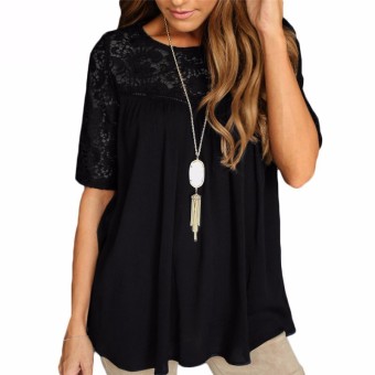 ZANZEA Summer Women Blouses Lace Splicing O Neck Short Sleeve Hollow Out Loose Casual Solid Elegant Shirts Plus Size ?Black? - intl  