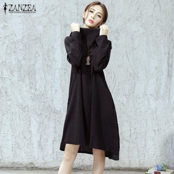 ZANZEA Summer Womens Retro Hooded Cowl Neck Asymmetric Hem Solid Kaftan Casual Shirt Dress Plus Size (Black) - intl  