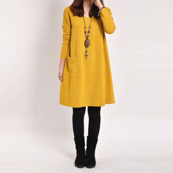 ZANZEA wanita lengan baju panjang saku v-leher puncak santai Mini Dress Hamil katun longgar Kuning - Internasional  