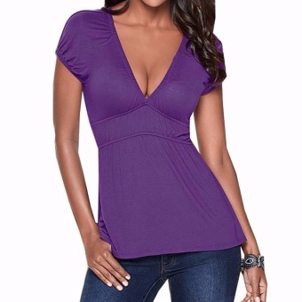 ZANZEA Women 2016 Summer Slim Fit Solid Shirts Sexy Deep V Neck Short Sleeve Blouses Casual Simple Blusas Tee Tops Plus Size Purple - Intl  