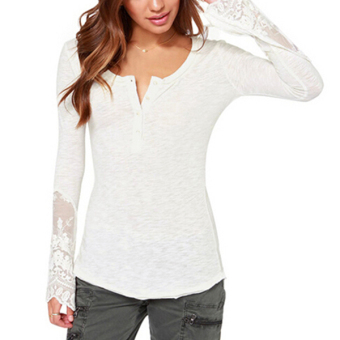 ZANZEA Women Embroidery Lace Top Button V Neck Long Tee Shirt Blouse White (Intl)  