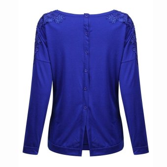 ZANZEA Women Long Sleeve Round Neck Shirt Back Button Split Up Floral Lace Blouse Navy  