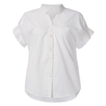 ZANZEA Women V-Neck Batwing Sleeve Button Down Long Shirt (White)  