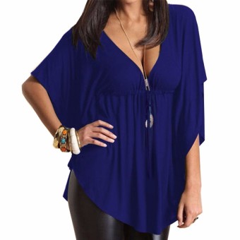 Zanzea Womens Casual Loose Sexy Deep V-neck Batwing Sleeve Tops Femininas Plus Size Tee Ladies Solid Blouses Shirts Blusas Blue - intl  