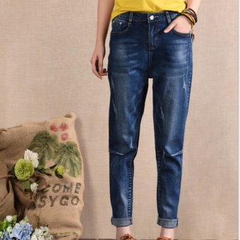 ZH Shopping Ms. Leisure loose harlan nine points of jeans Dark blue - intl  