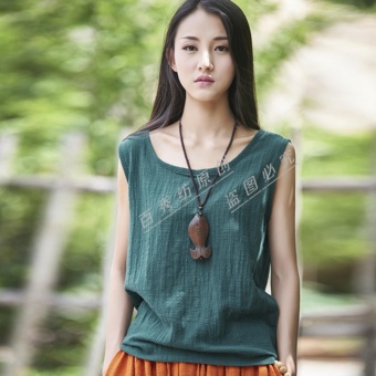 ZH Shopping Ms the loose linen cotton sleeveless vest Dark green - intl  