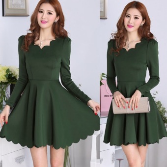 ZigZagZong Scalloped Neckline Long Sleeve Tunic Women's Mini Dress Pleats Green (Intl)  