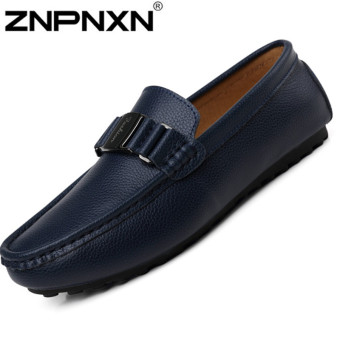 Znpnxn Leather Men's Flat Shoes Casual Loafers)Blue)  