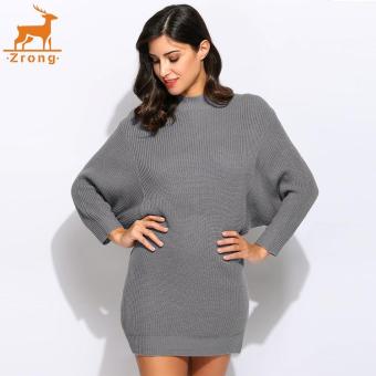Zrong Fashion Women 3/4 Batwing Sleeve Half Turtleneck Pullover Loose Solid Mini Sweater Dress (Grey) - intl  
