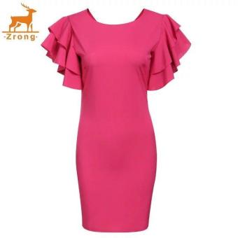 Zrong Fashion Women O-Neck Ruffles Sleeve Solid Bodycon Cocktail Party Mini Dress (Red) - intl  