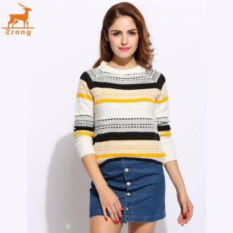 Zrong Women Casual Long Sleeve Round Collar Stripe Contrast Color Pullover Sweater - intl  