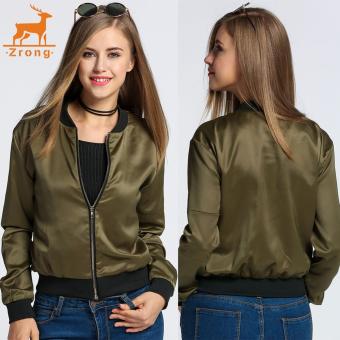 Zrong Women Fashion Retro Stand Collar Long Sleeve Zip Up Solid Bomber Jacket (Green) - intl  