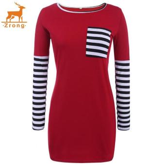 Zrong Women Long Sleeve O Neck Strip Pocket Front Patchwork T-Shirt Straight Dress (Red) - intl  