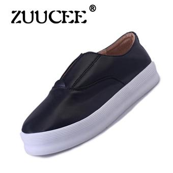 ZUUCEE 2017 spring and summer new flat shoes fashion casual women's singles shoes British wind leather shoes round shallow mouth Carrefour shoes(black)  