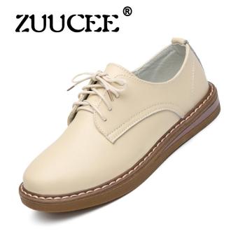 ZUUCEE Spring leather casual shoes female Korean version of the tide of the tie with the flat single shoes students breathable small shoes?beige?  