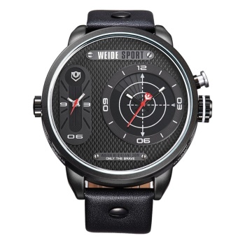 [100% Genuine] WEIDE WH-3409 Men's Genuine Leather Strap Two Time Zones Display Quartz Sports Watch - Black (Intl) - intl  