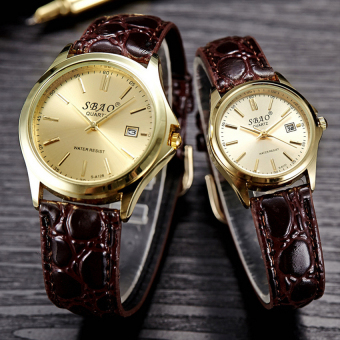 2016 High Quality SBAO Vintage Style Leather Strap Calendar Couple 's Quartz Watch men Coffee Band (gold)  